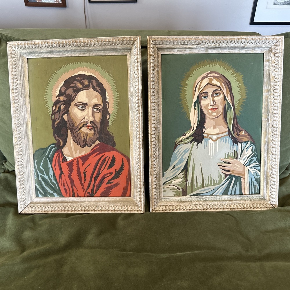 2 Vintage 1960's Paint By Number Christian Paintings Jesus Christ & Mary Framed